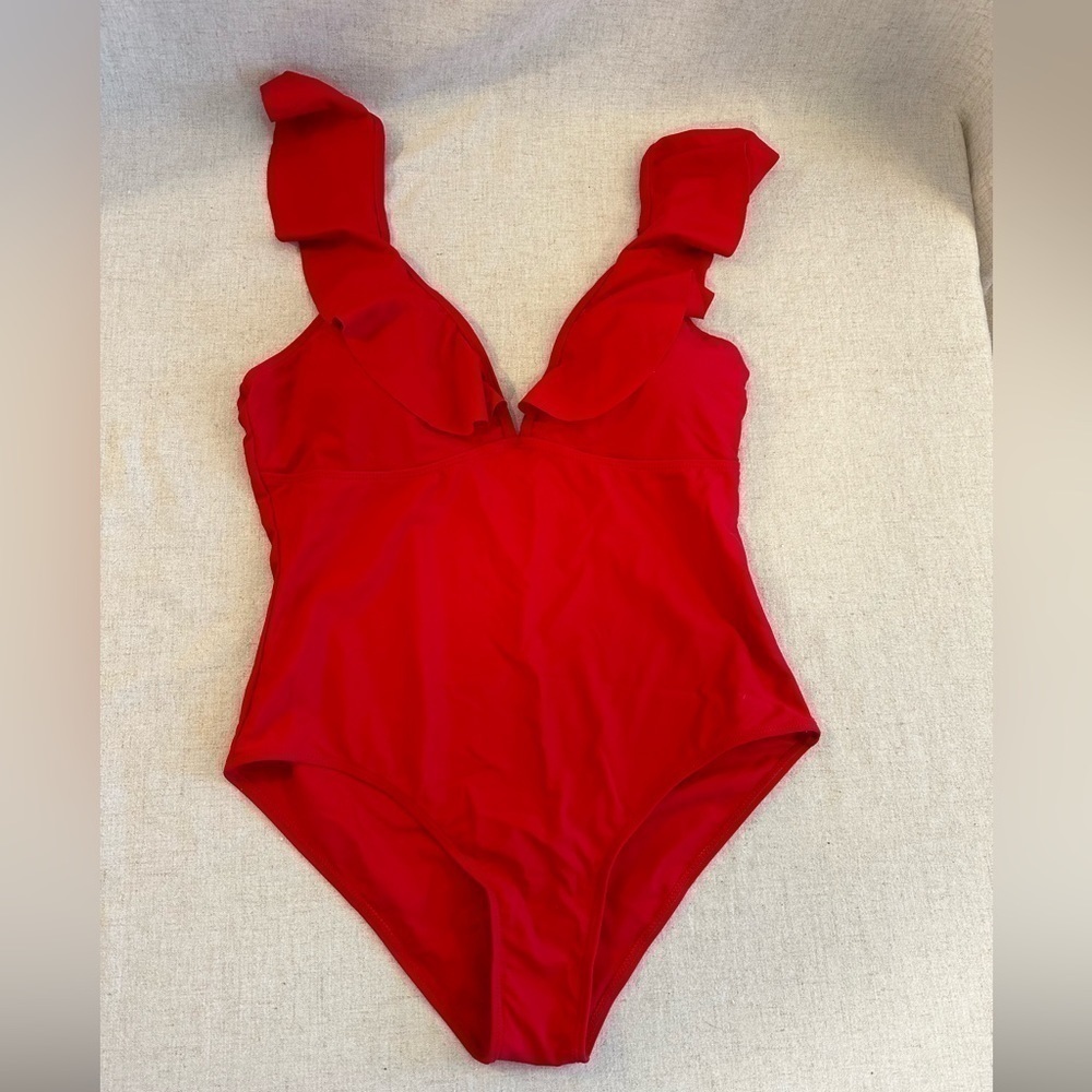Red One Piece Swimsuit Ruffled Deep V - Picture 2 of 8